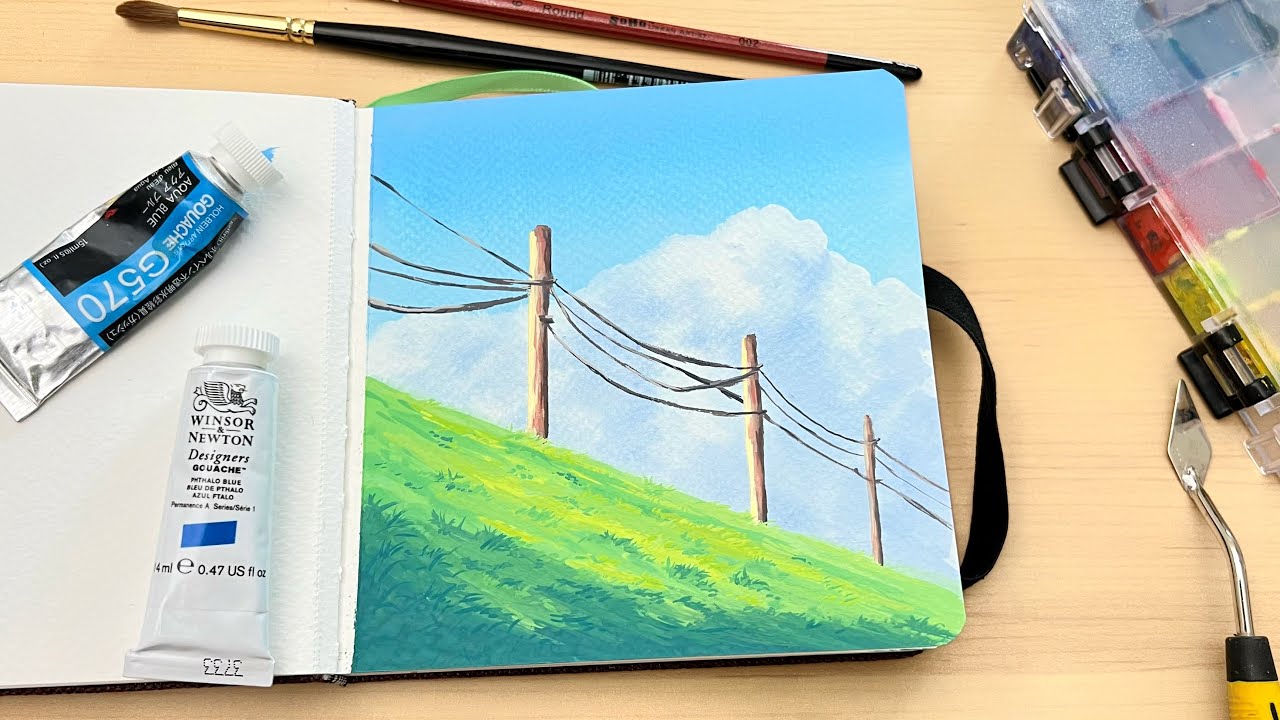 Painting Process Of A Beautiful Field - Gouache/Poster Color Painting
