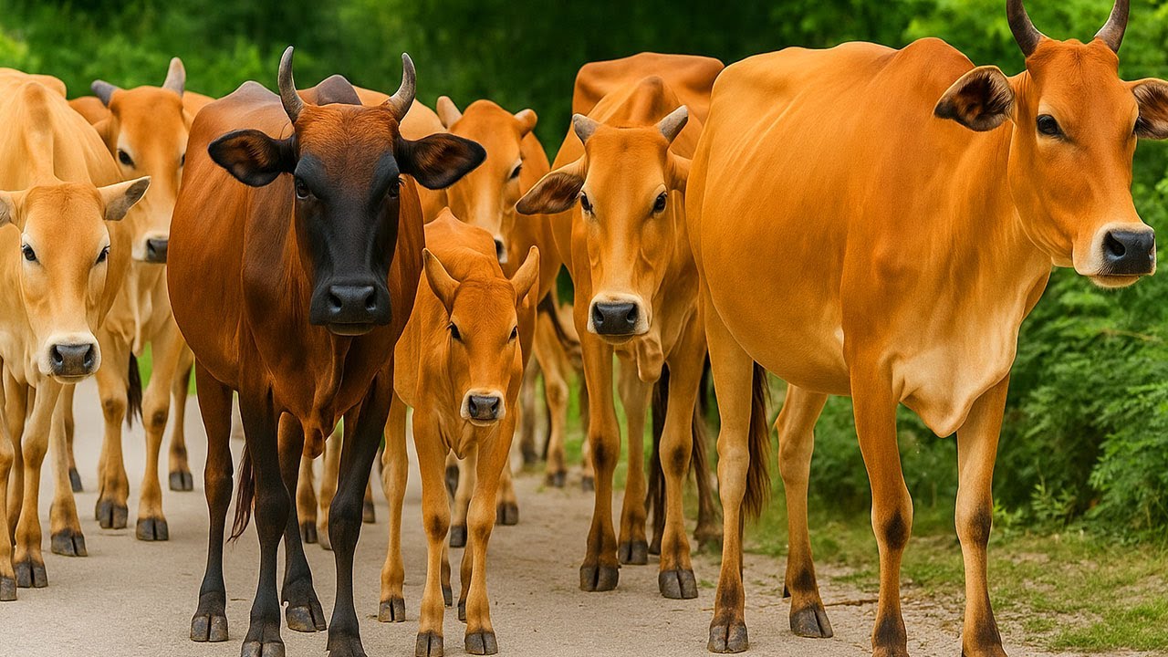 Vidio Mengembala sapi-sapi jinak bergerombolan menyusuri jalan menuju sawah hijau luas,Suasana alam.