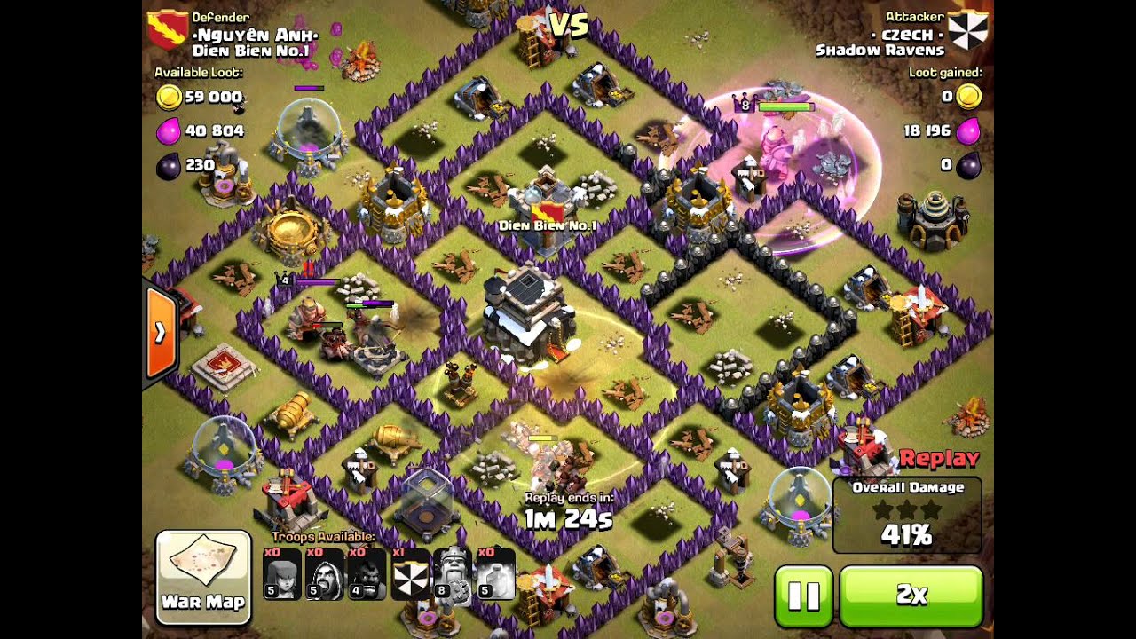 3 Star Clan War attack -- TH9 defender vs lvl 4 Hogs