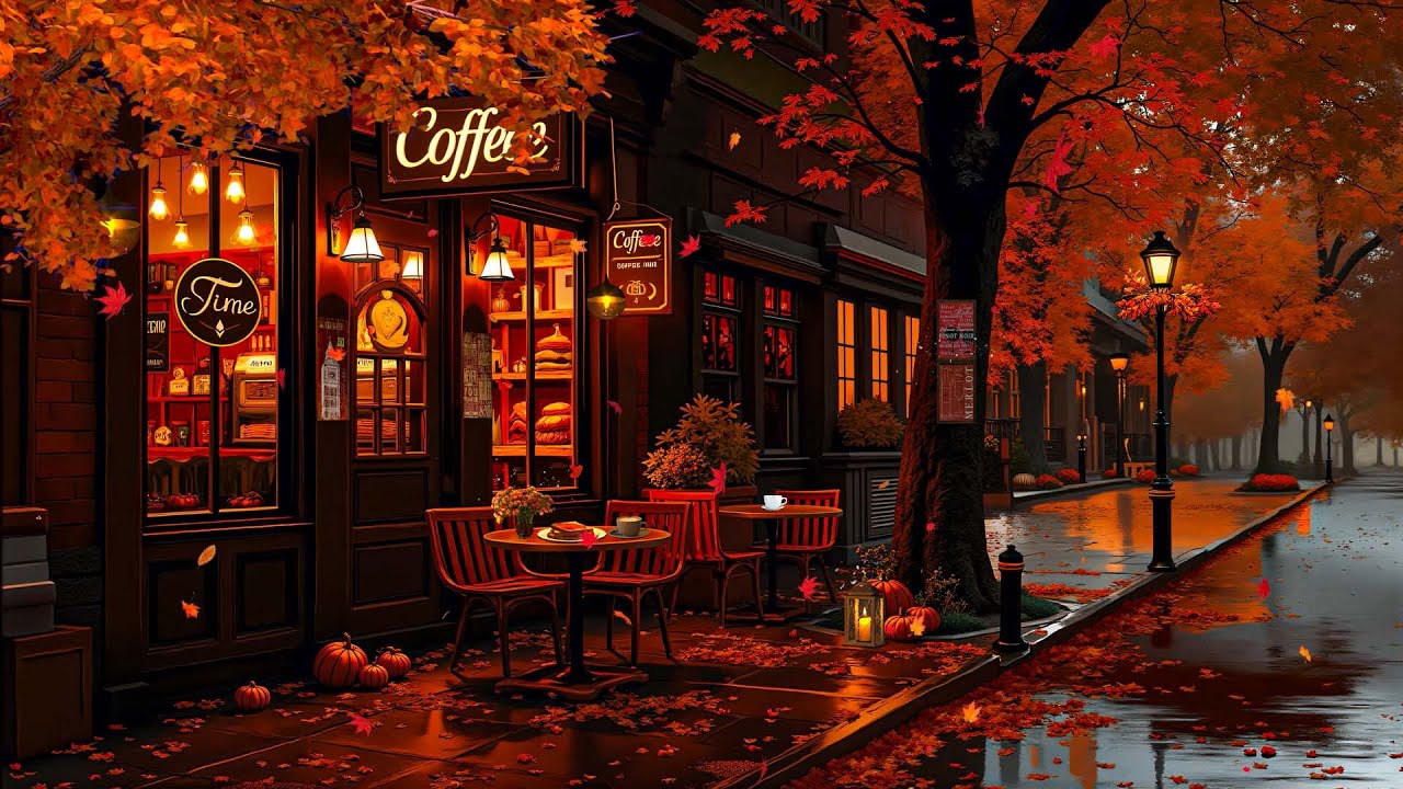 Smooth Autumn Jazz Music for Relaxation 🍂 Cozy Coffee Ambience and Poetic Scene of Falling Leaves