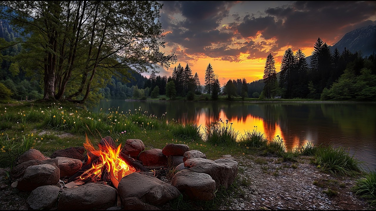 🌄 Quiet Evening by the Lake 🌅 Campfire on a Silent Shore