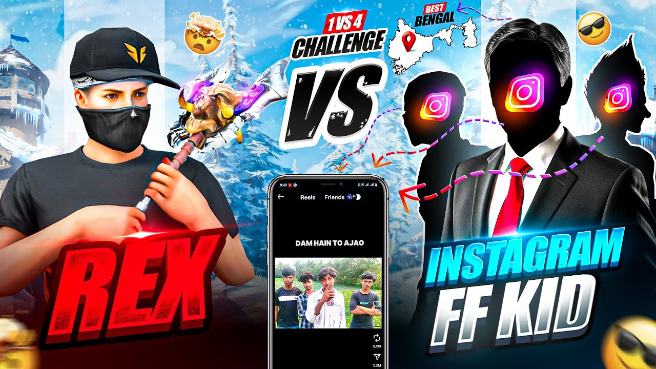 WEST BENGAL CHAPRI INSTAGRAM FF PLAYER CHALLENGE ME 😡 1 VS 4 🥵 REX GAMING