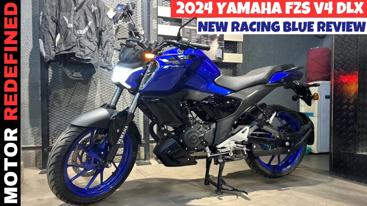 2024 Yamaha FZS V4 DLX New Racing Blue Color Review | On Road Price, Mileage, Colors & Features.