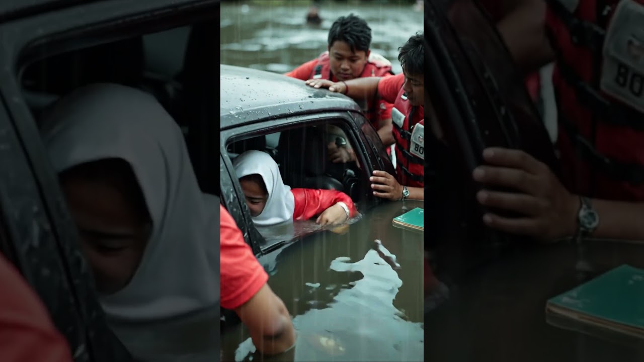 Detik-Detik Penyelamatan Anak dari Mobil yang Terendam Banjir! #banjir  #terjebakbanjir