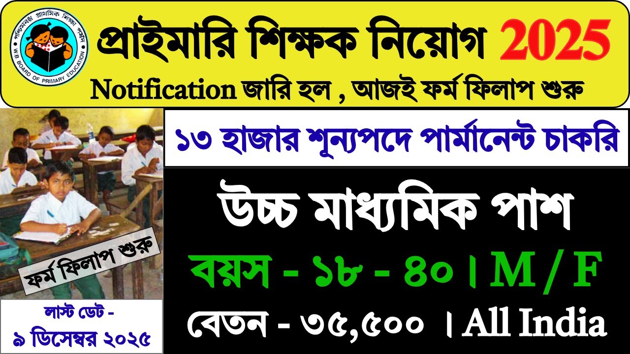 12th পাশে প্রাইমারি টিচার নিয়োগের ফর্ম ফিলাপ শুরু | Primary Teacher Recruitment 2025 | #job