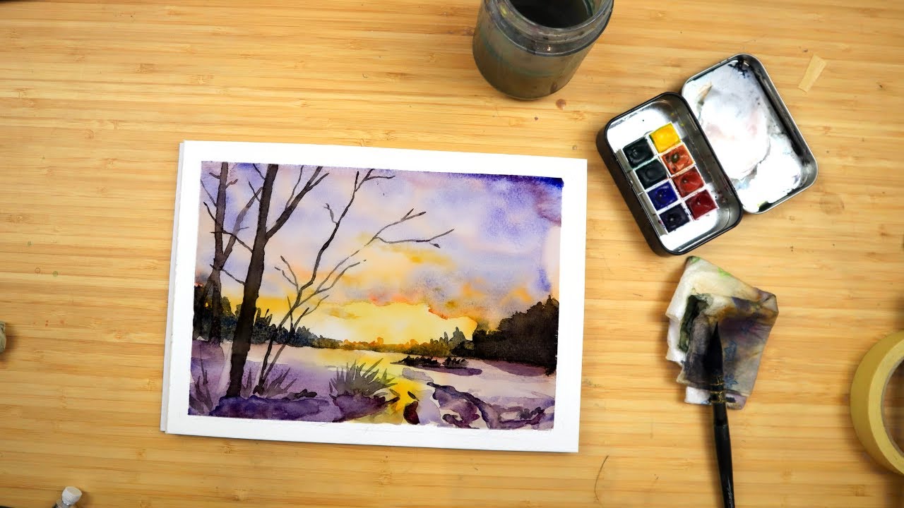 Watercolor winter landscape painting tutorial for beginners