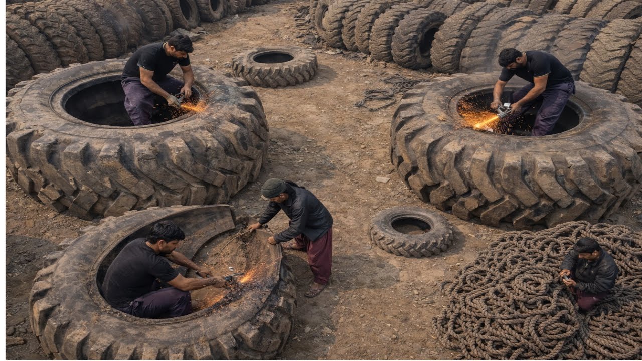Young Man Cut Old and Scrap Tyre of Heavy Machinery and Make a Flexible Rope 