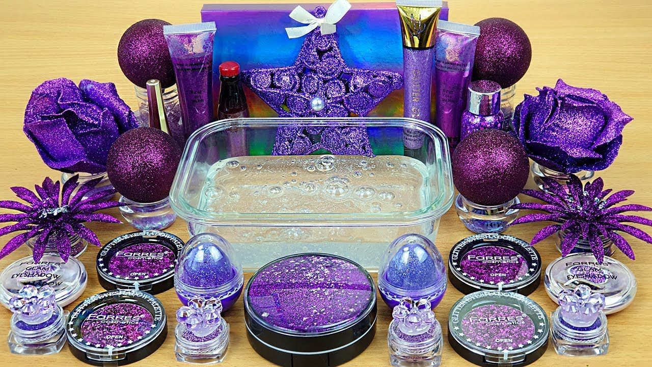 Purple Glitter Slime | Season Glitter | Mixing makeup and glitter into Clear Slime