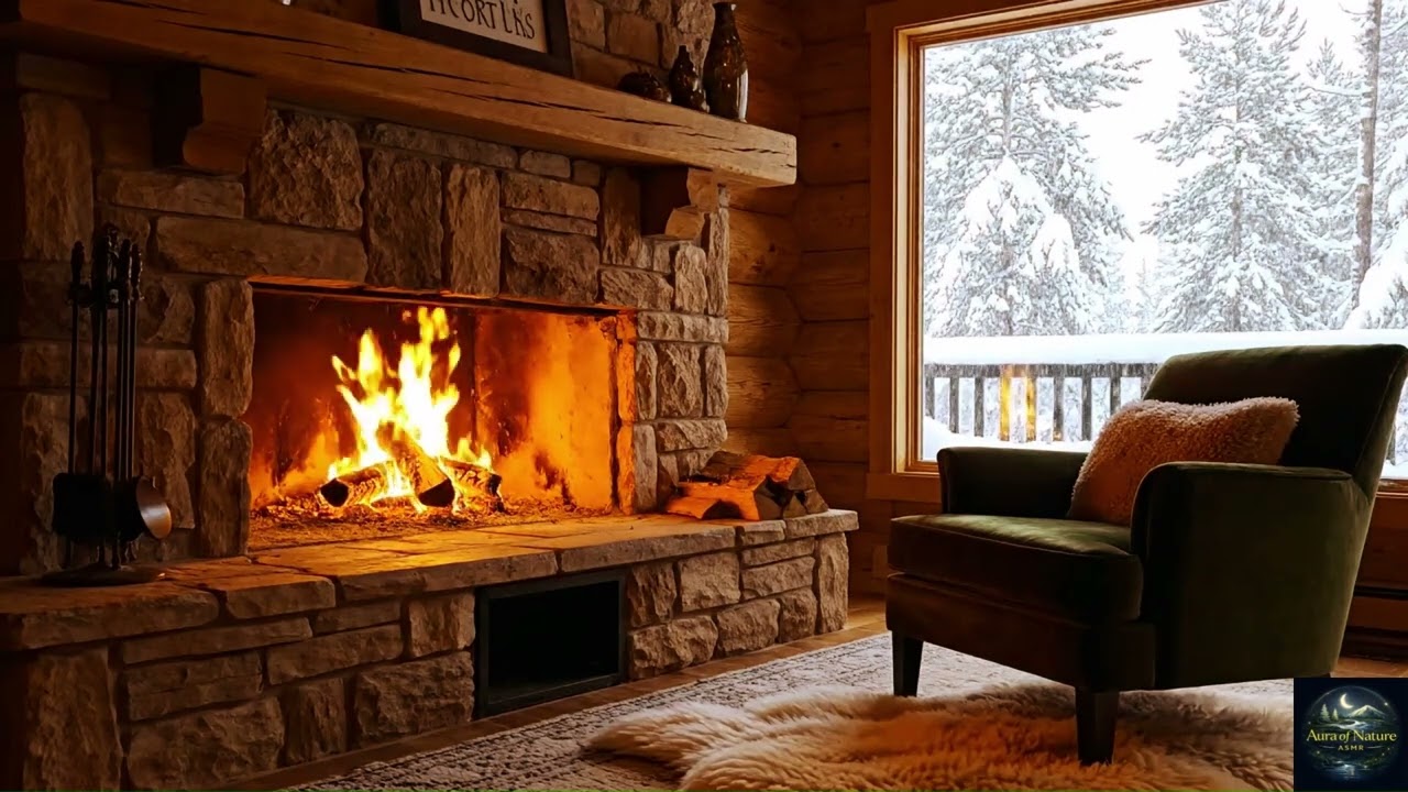 Cozy Snow Winter Cabin with Fireplace | Crackling Fire Sound for Peaceful Christmas Relaxation