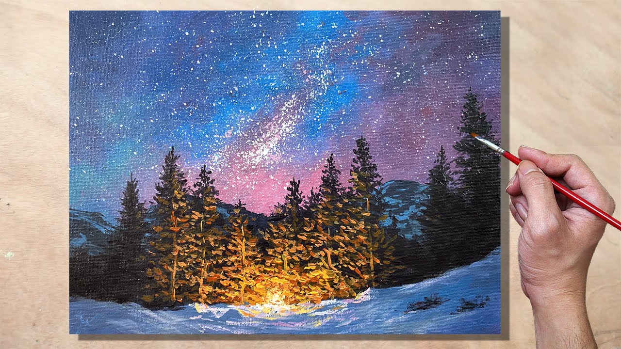 Acrylic Painting Night Galaxy Campfire Landscape