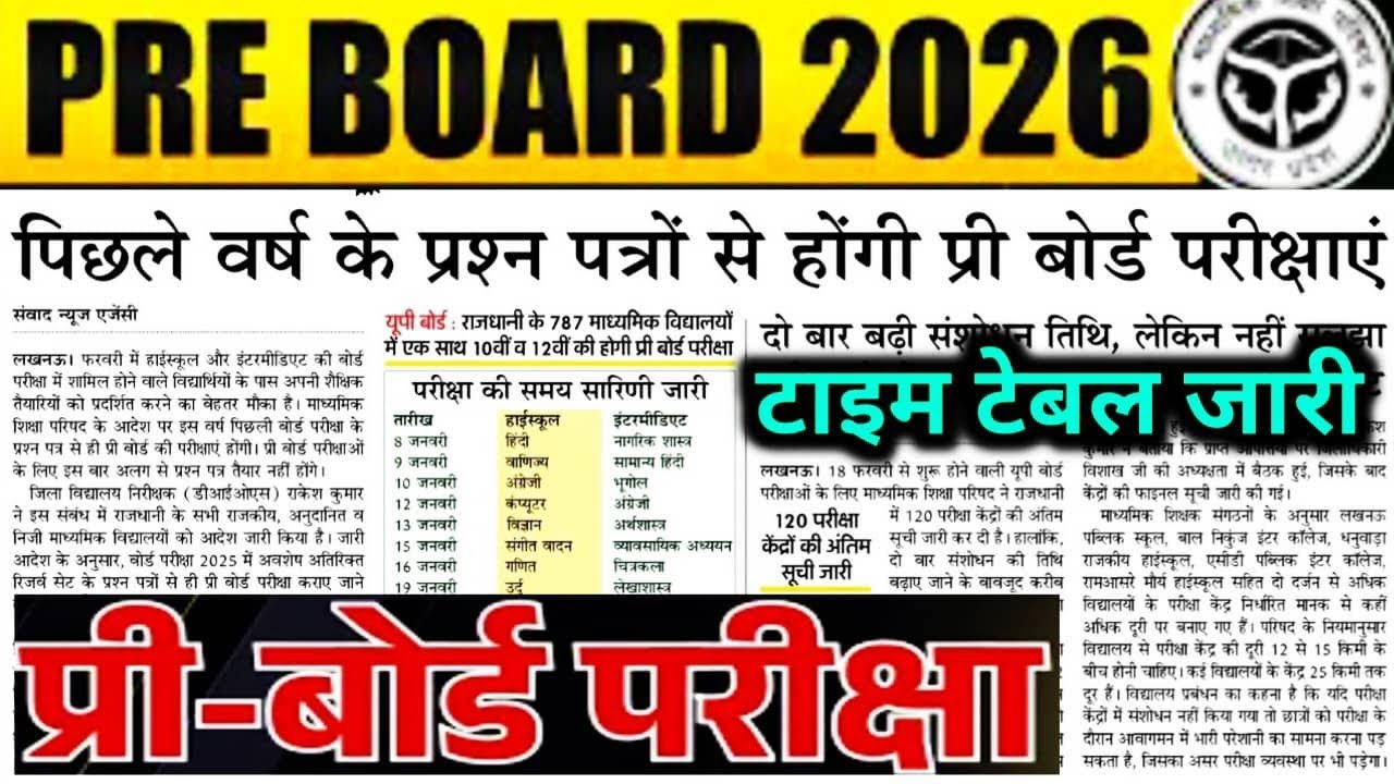 Up Pre-Board Exam 2026 time table 2026 jari ho gya || up board pre board latest update 2026 
