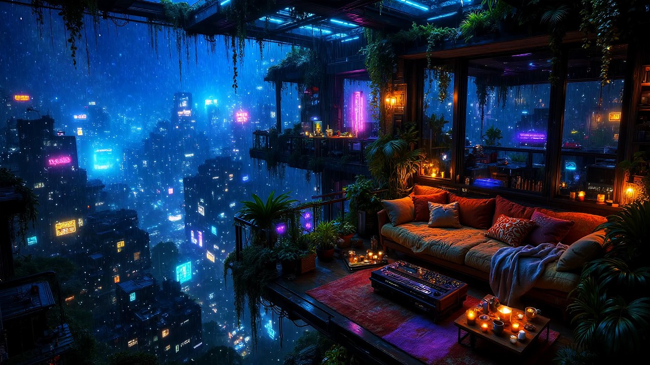 Lofi Ambient – Heavy Rain on a Cyberpunk Balcony Overlooking Neon City | Deep Focus Study | 4K