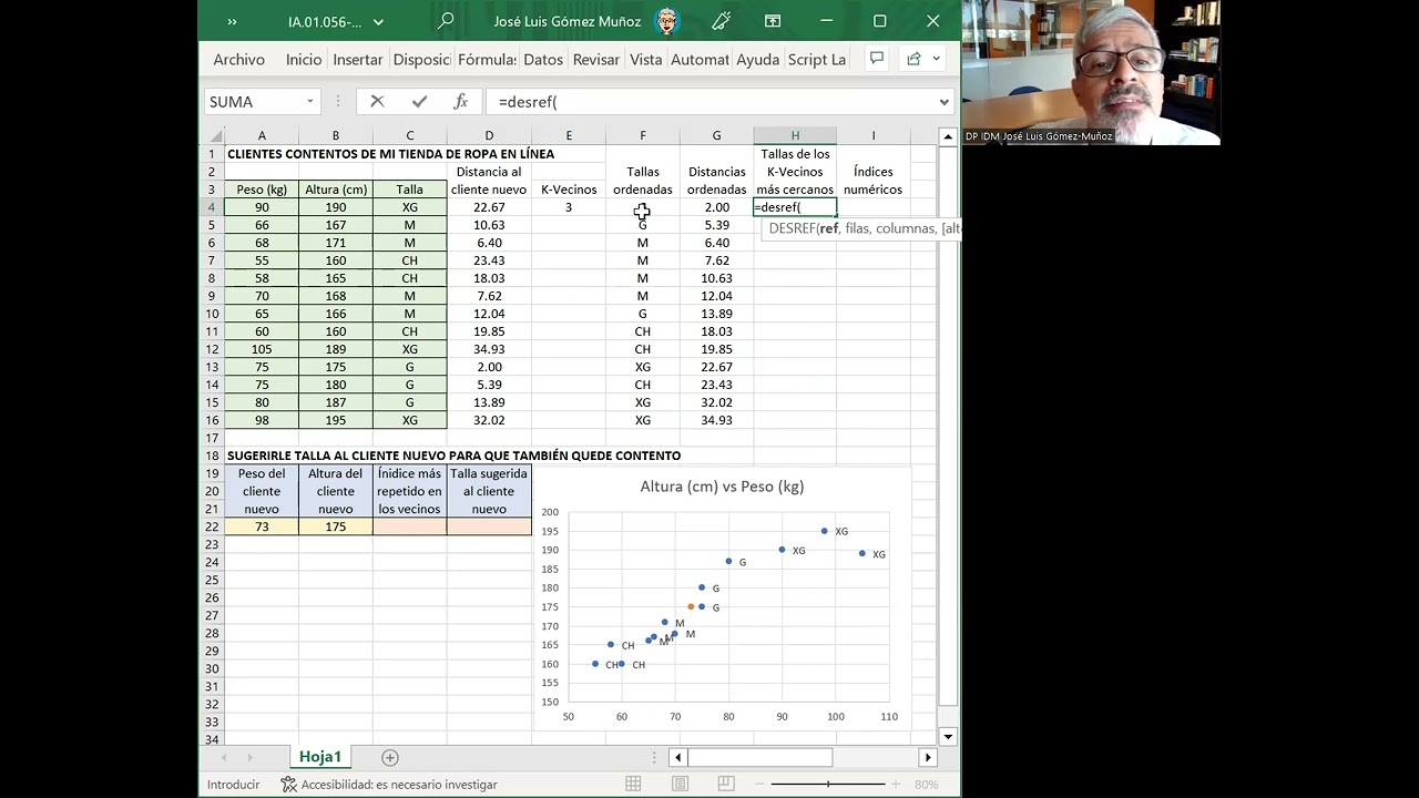 ML kNN Excel Algoritmo de vecinos cercanos en hoja de cálculo