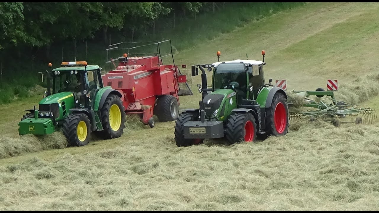 Rowing Up & Baling Hay on the slope with Fendt 724 & Krone plus John Deere 6930 & MF Baler - SOUND!