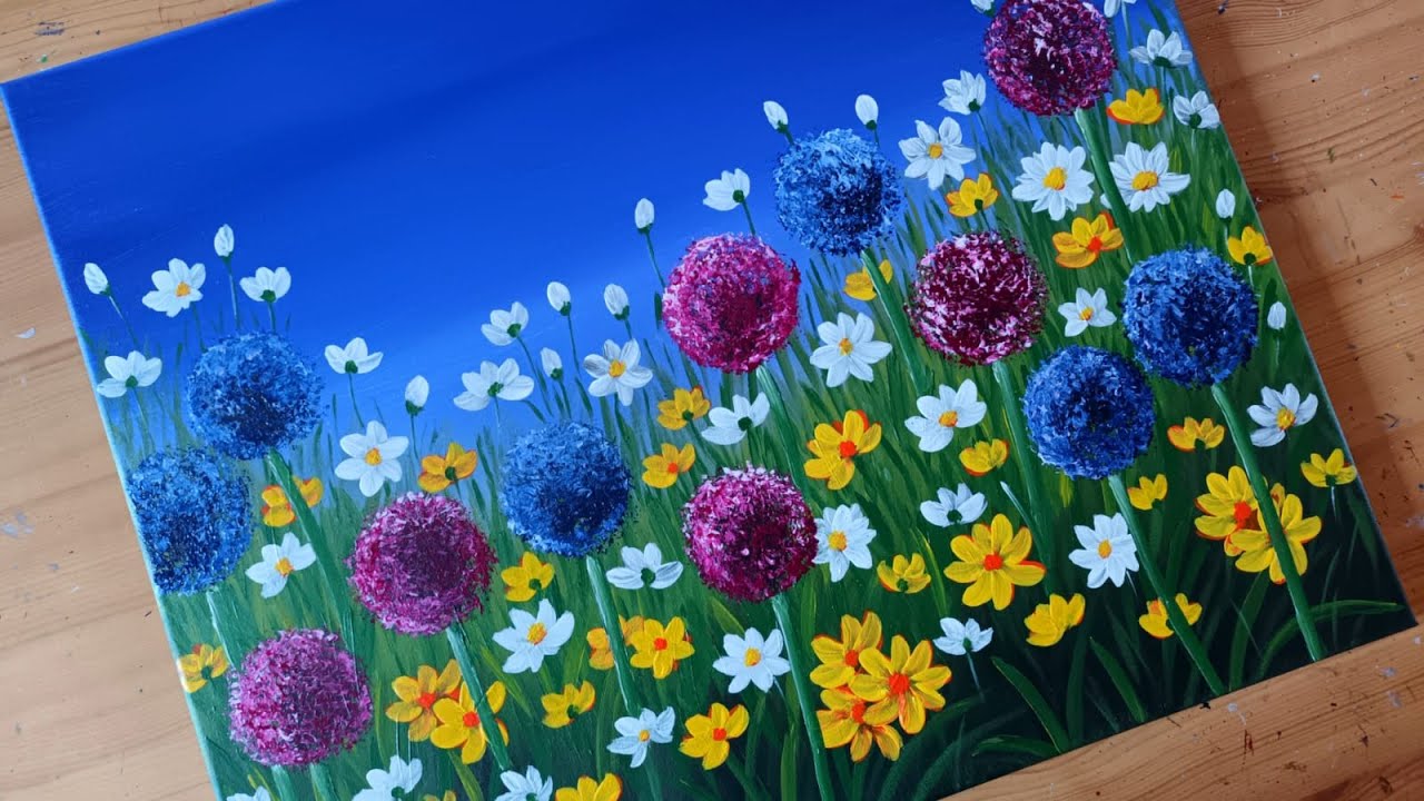 Blumen Malen Acryl Blumenwiese Allium Gelbe und Weiße Wiesenblumen Schritt für Schritt Anleitung
