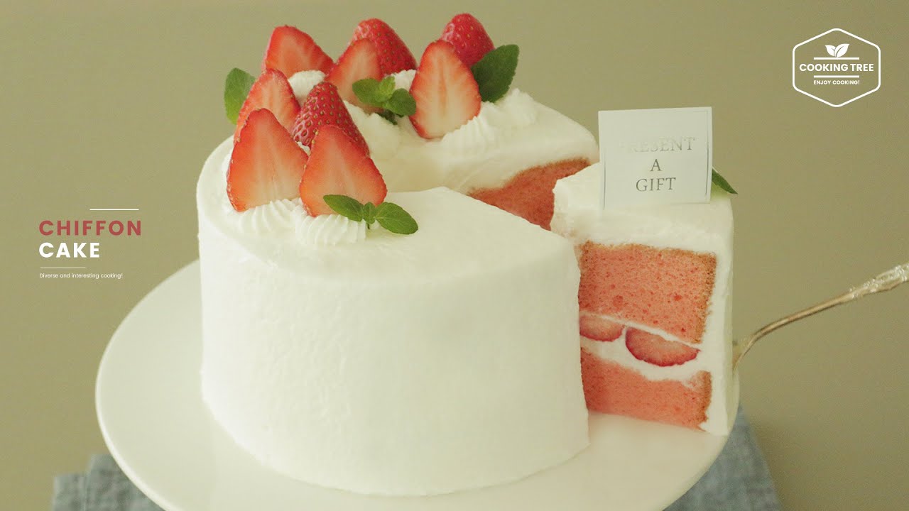 딸기 시폰 케이크 만들기, 쉬폰 생크림 케이크 : Strawberry Chiffon Cake Recipe : ストロベリーシフォンケーキ -Cookingtree쿠킹트리