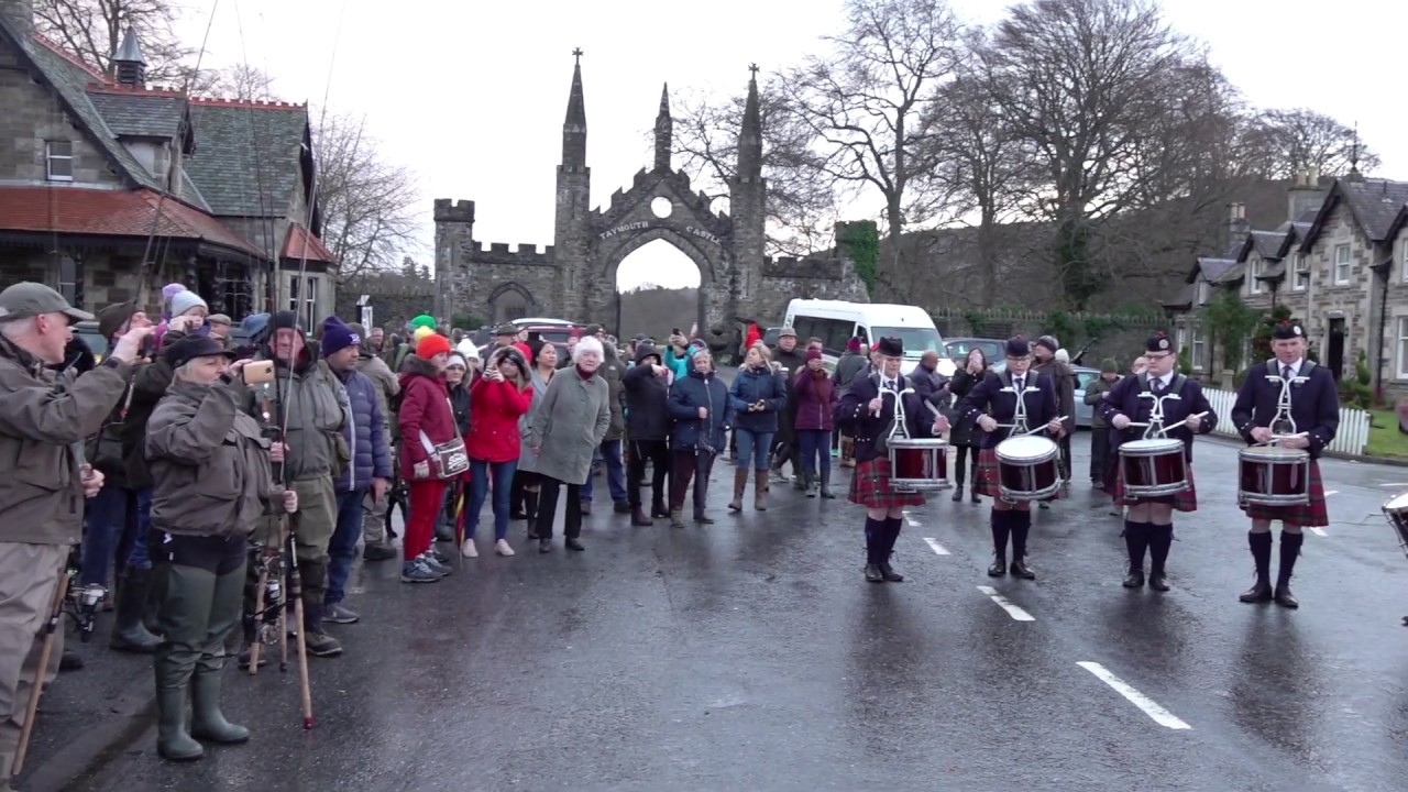 Vale Of Atholl Pipe Band start the 2020 River Tay Salmon fishing season at Kenmore Hotel in Scotland