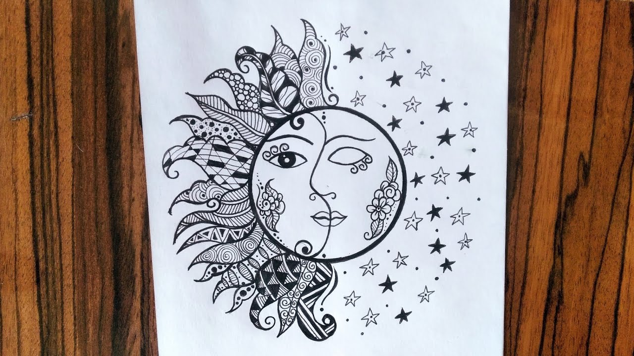 Half face of sun and moon mandala art for beginners step by step