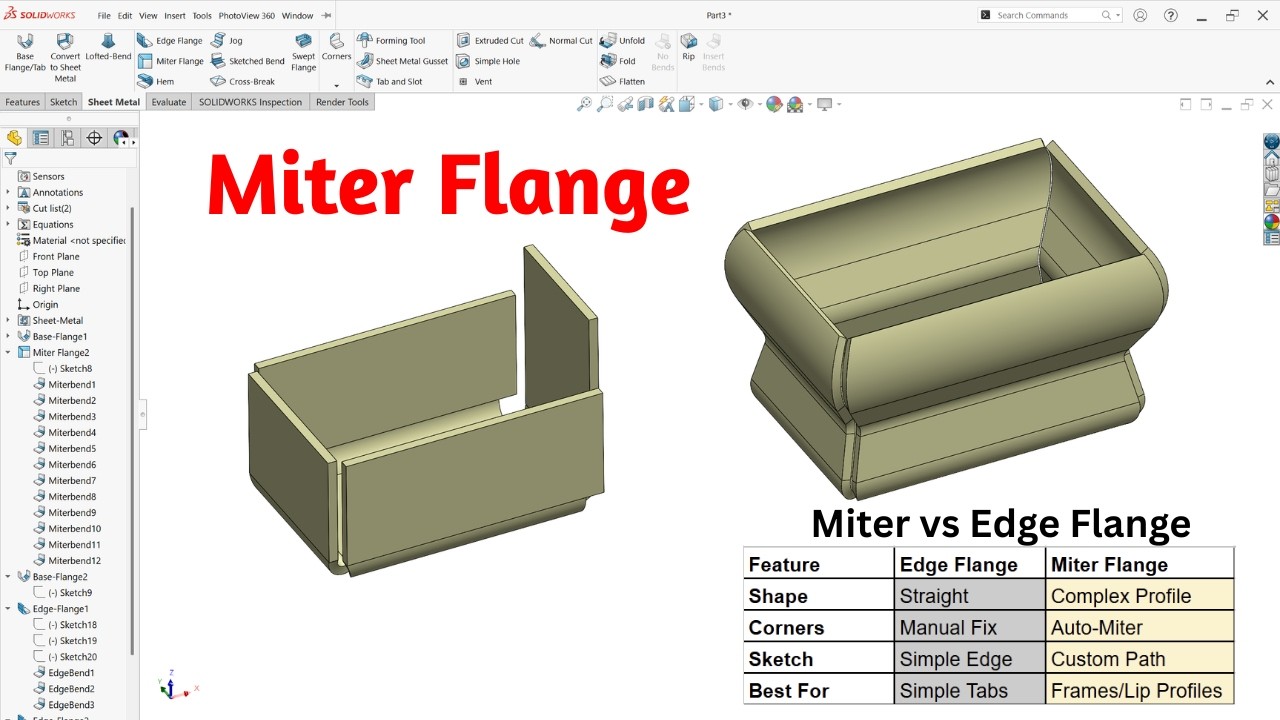 Miter Flange Explained in SolidWorks | Edge vs Miter Flange Difference
