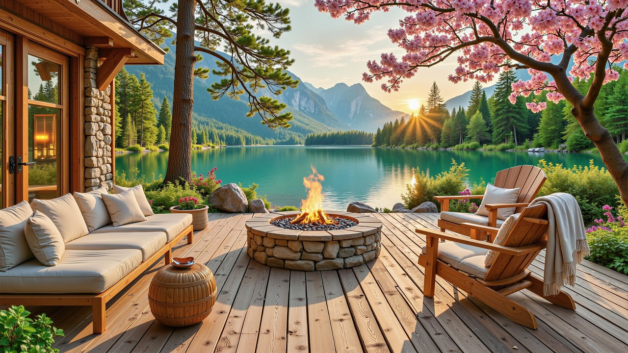 Soothing Spring Lakeside Porch Ambience with Forest Nature 🌺🌿Piano Music with Fireplace Sounds