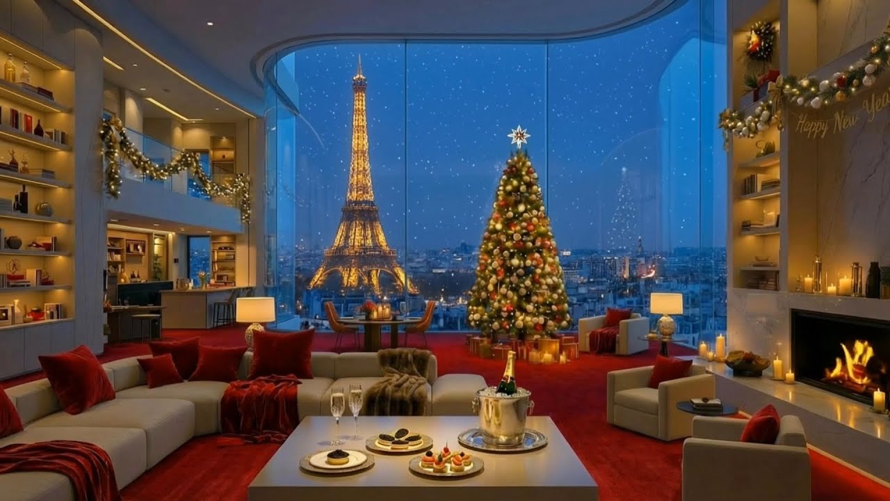 Christmas Day 3 Hours – Luxury Penthouse Fireplace & Soft Piano (4K Ambience)