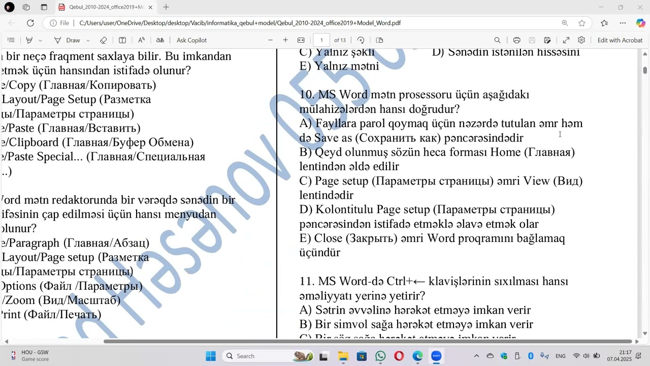 Magistr 2-ci cəhd hazırlıq. İnformatika. MS Word 2019 qəbul sualları interaktiv test.