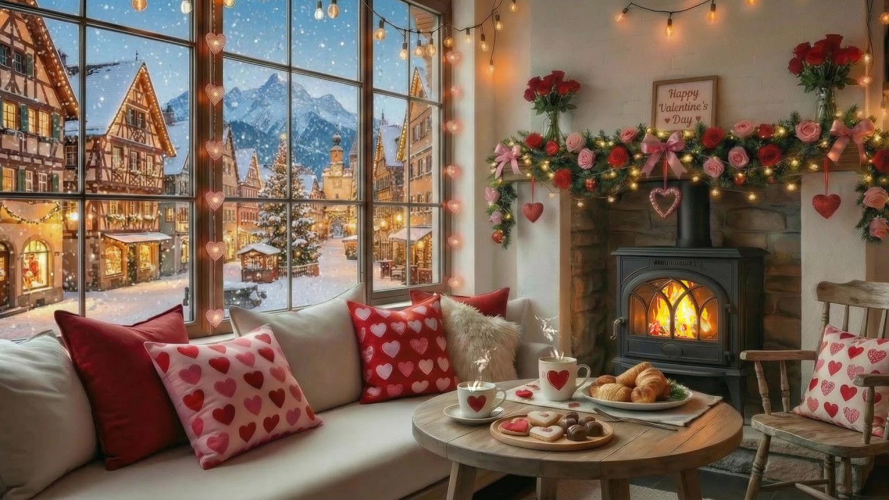 Smooth Love Songs in a Cozy Café by the Window ❤️ Romantic Ambience with Fireplace Sounds