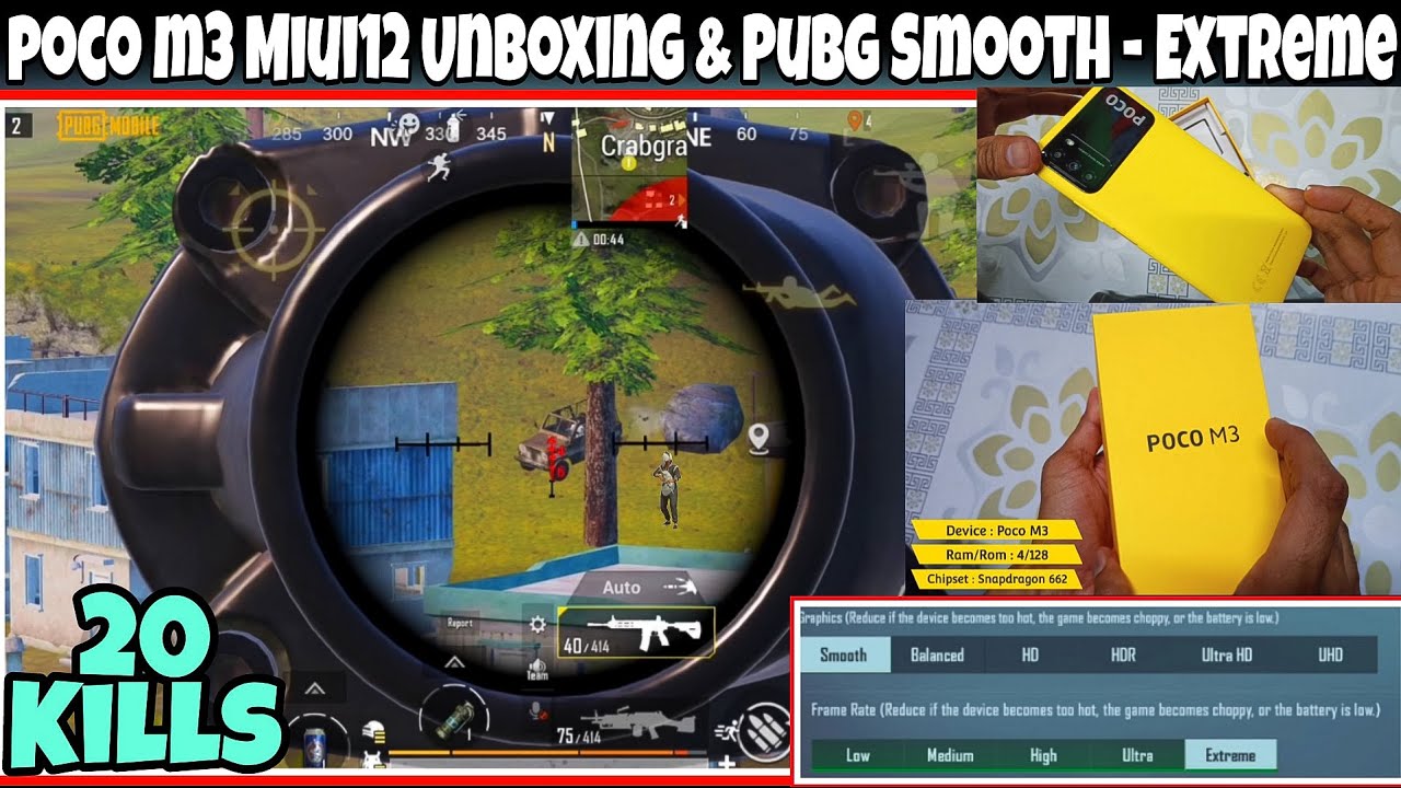 Poco M3 Unboxing & PUBG 4 Finger Full Gyro Gameplay ( Graphics Smooth - Extreme )