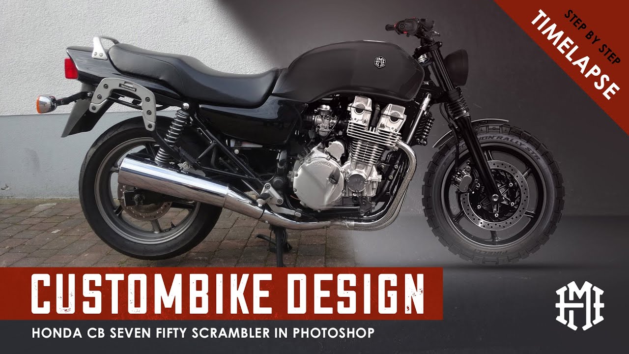 Scrambler Cafe Racer Custombike Design in Photoshop - Honda CB 750 Seven Fifty Motorcycle Timelapse