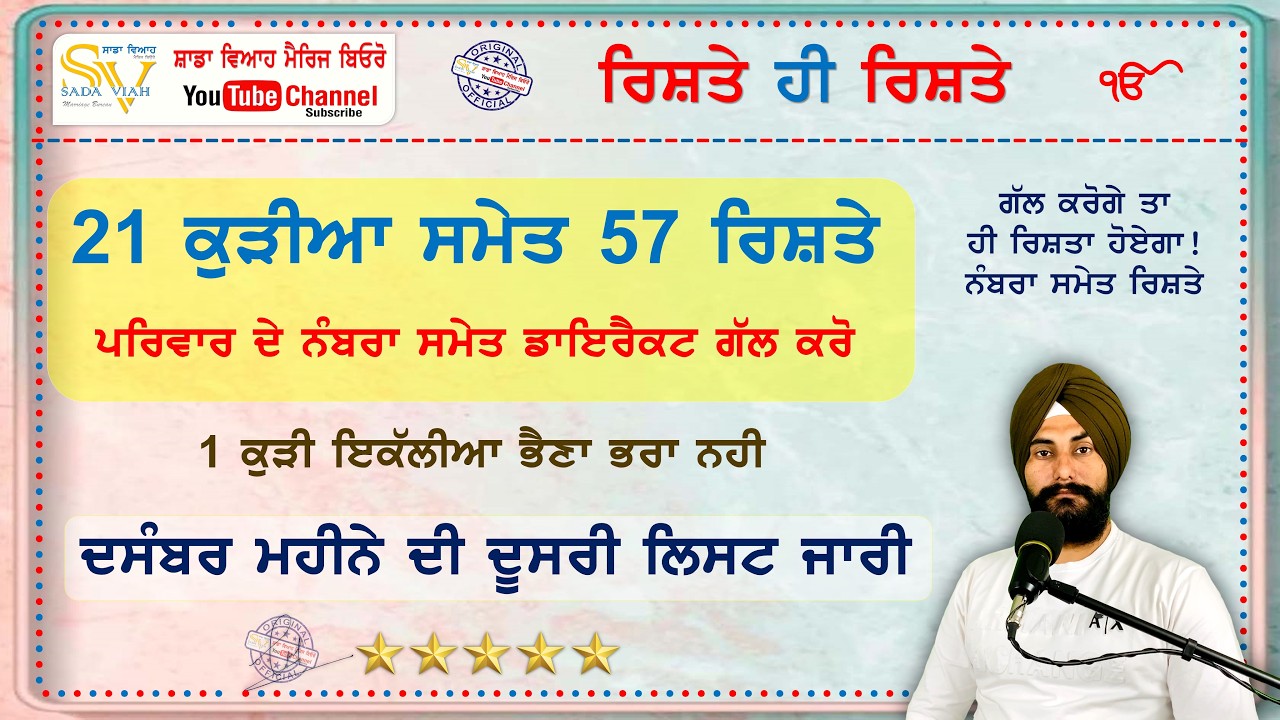 21 ਕੁੜੀਆ ਸਮੇਤ 57 ਰਿਸ਼ਤੇ | ਪਰਿਵਾਰਾ ਨਾਲ ਡਾਇਰੈਕਟ ਗੱਲ ਕਰੋ | Sada Viah rishte hi rishte @sadaviahmb