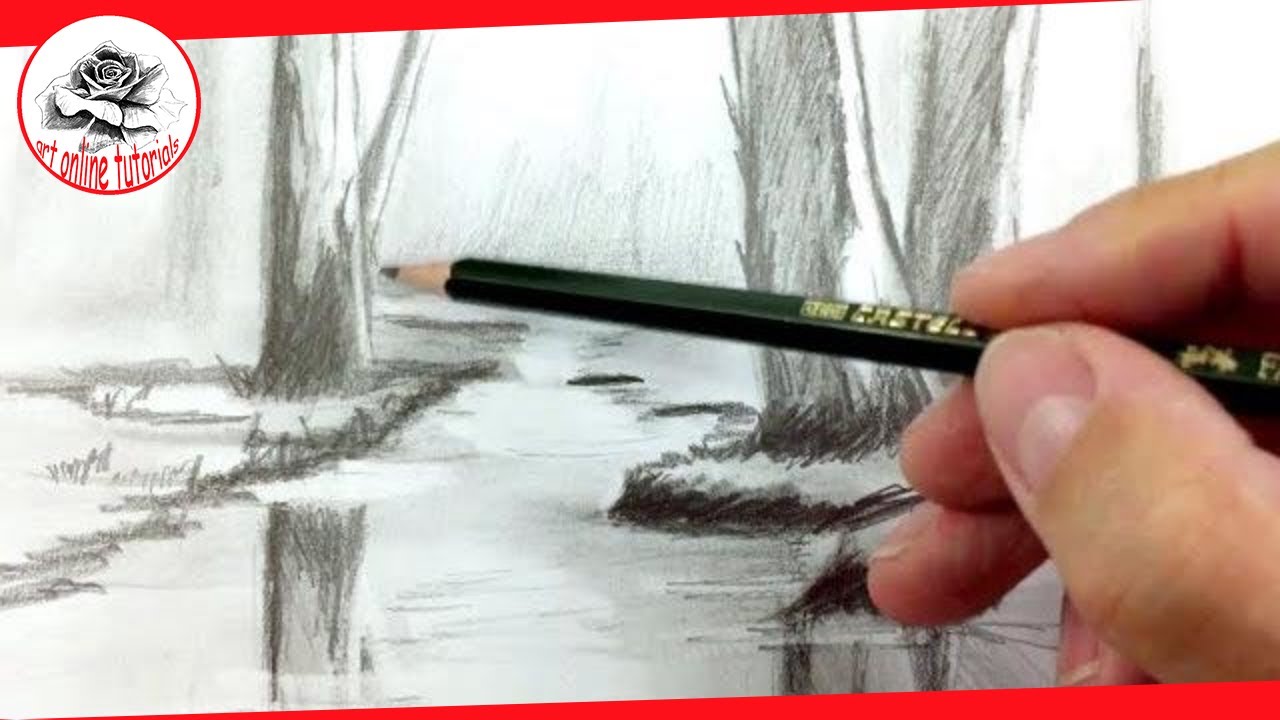 How to Draw Trees and a River with Pencil | Drawing Techniques