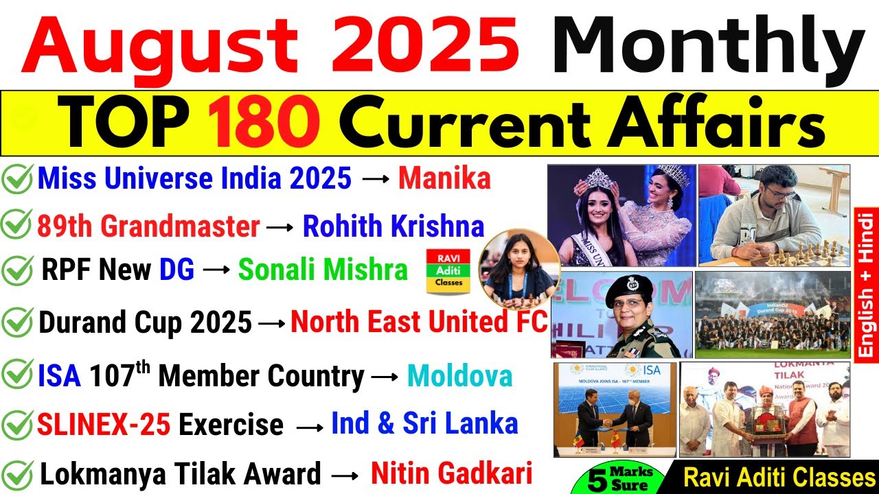 AUGUST 2025 MONTHLY CURRENT AFFAIRS | TOP 180 CURRENT AFFAIRS | AUGUST MONTHLY CA 2025 |