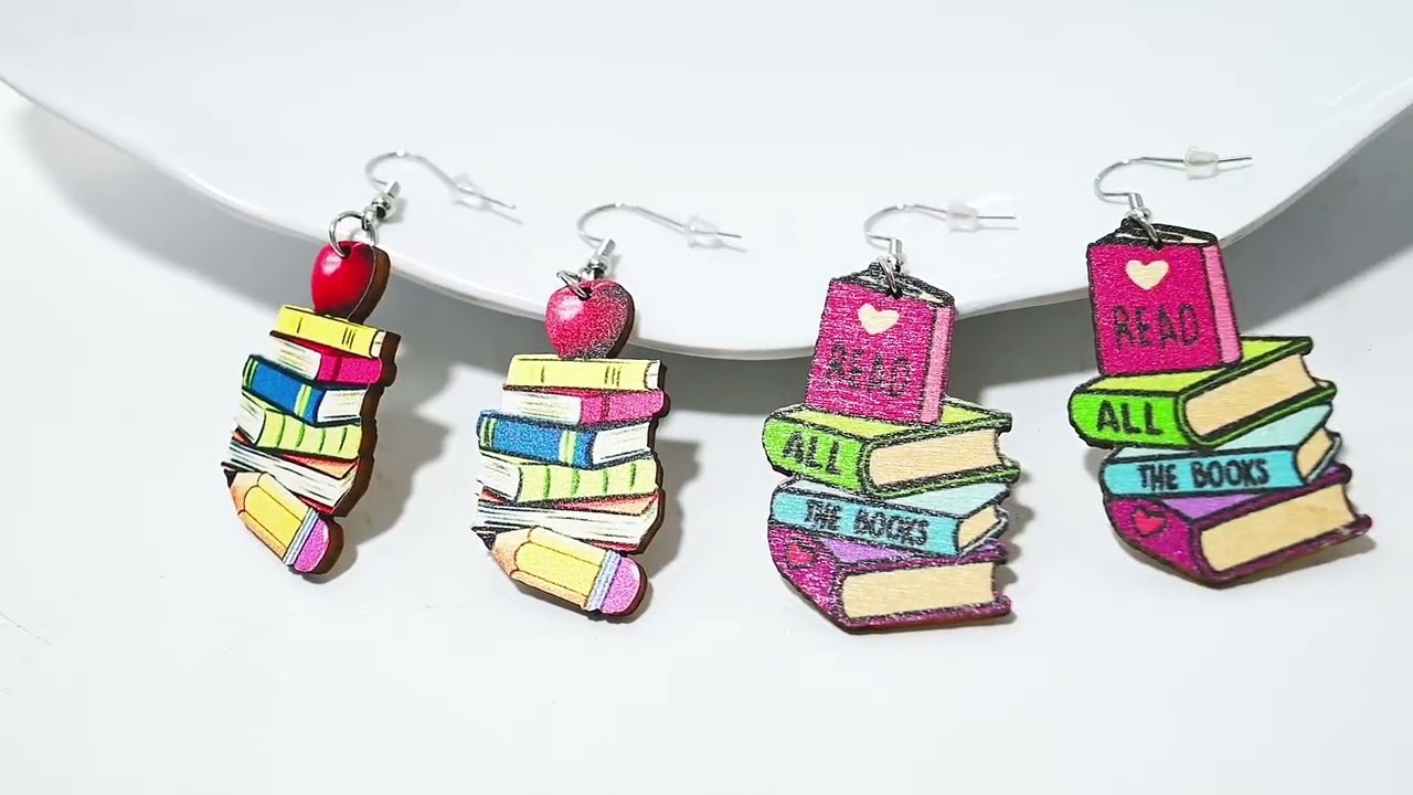 Stackable Book Pencil Drop Dangle Earrings Stack of Reading Books Apple Back to School Earring Hooks