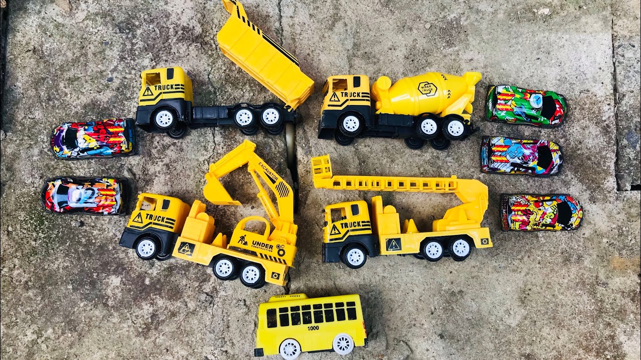 Bermain mainan Dump Truk, Truk Excavator, Truk Molen, Truk Tangga, bus tayo kuning, mobil balap