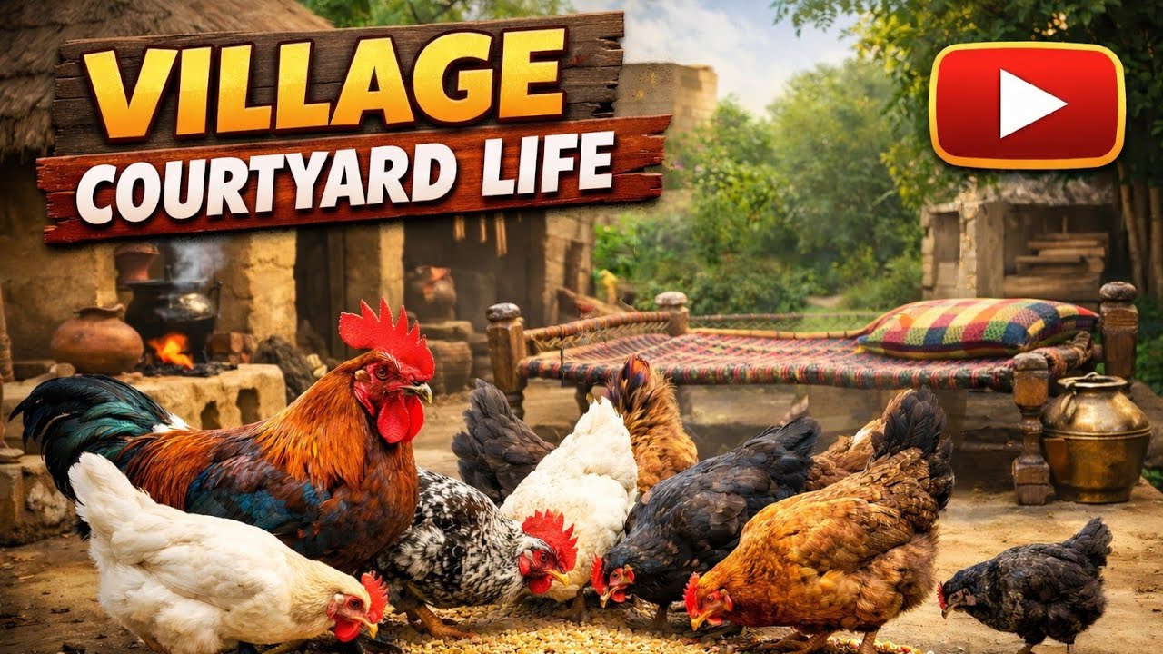 Village Courtyard Life||Mixed Chickens Feeding & Roaming in a Traditional Rural Home 
