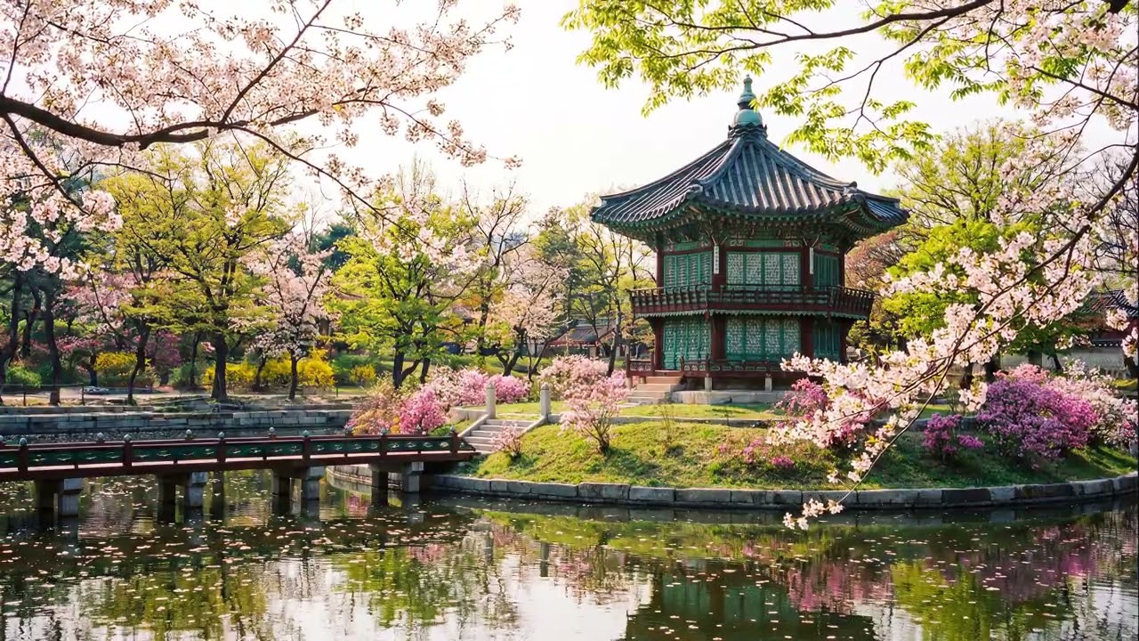 Spring at Hyangwonjeong Pavilion, Gyeongbokgung Palace | Relaxing AI Landscape & Music