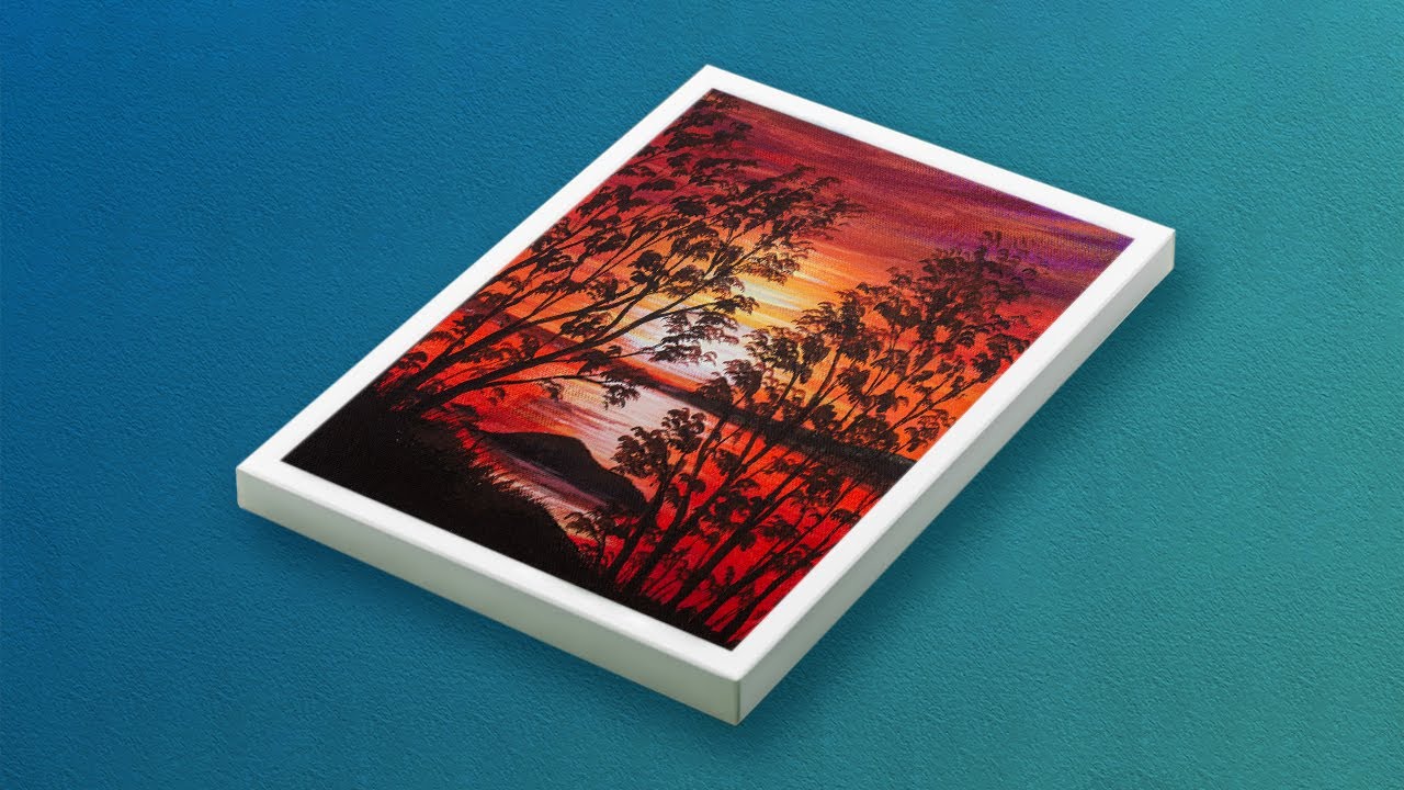 How to Paint a Vibrant Sunset with Tree Silhouette and Reflections