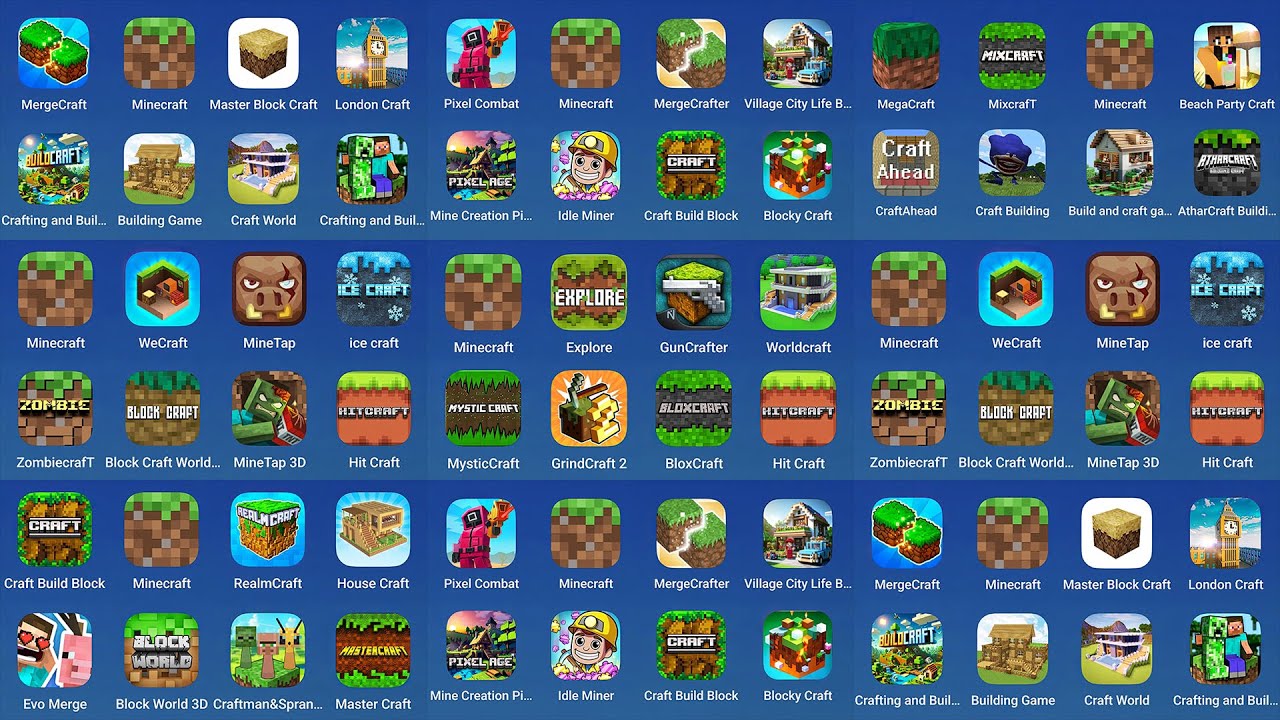 Minecraft, Pixel Combat, MergeCraft, MegaCraft, Craft Build Block, Explore, MergeCrafter, Realmcraft