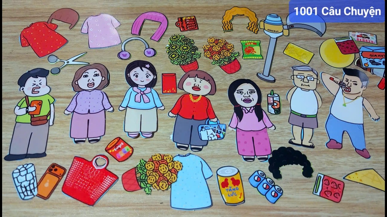 Thiết kế sticker chủ đề Tết: Xóm Xôm-Cô Tiên Xanh & Tiệm net, chợ hoa, tiệm cafe-mứt dâu-bán vàng