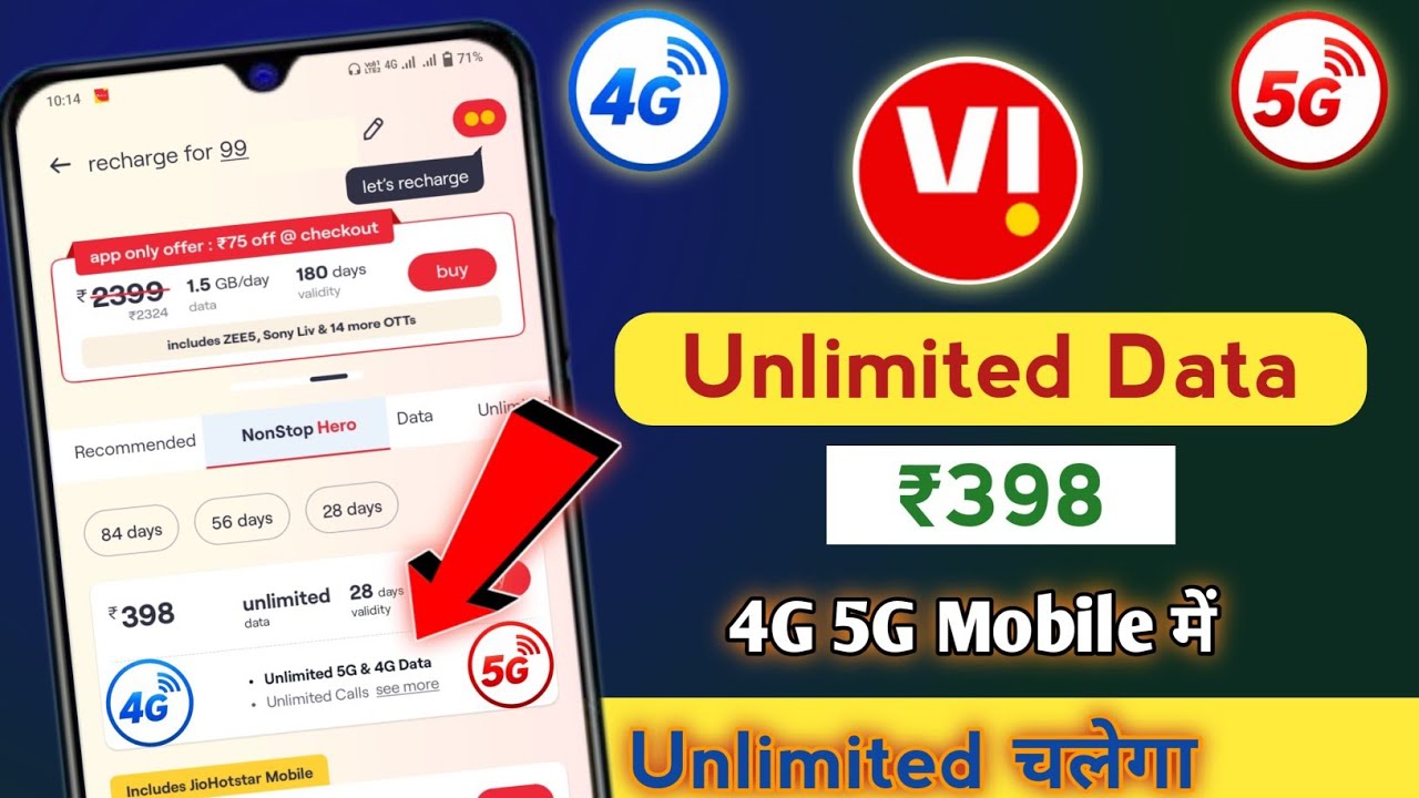 Vi ₹398 Recharge plan | unlimited data 4G 5G mobile me | vi plan ₹398