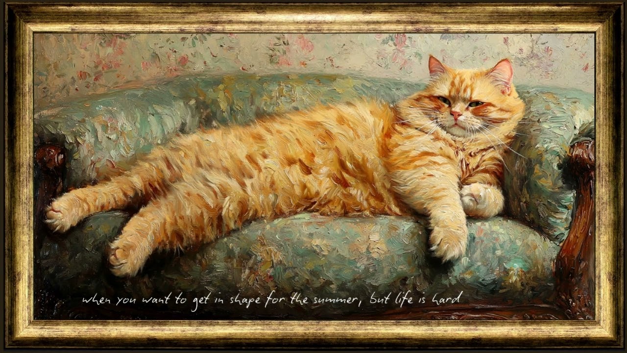 SUMMER plans? nah, funny cat meme screensaver, vintage gold frame TV art