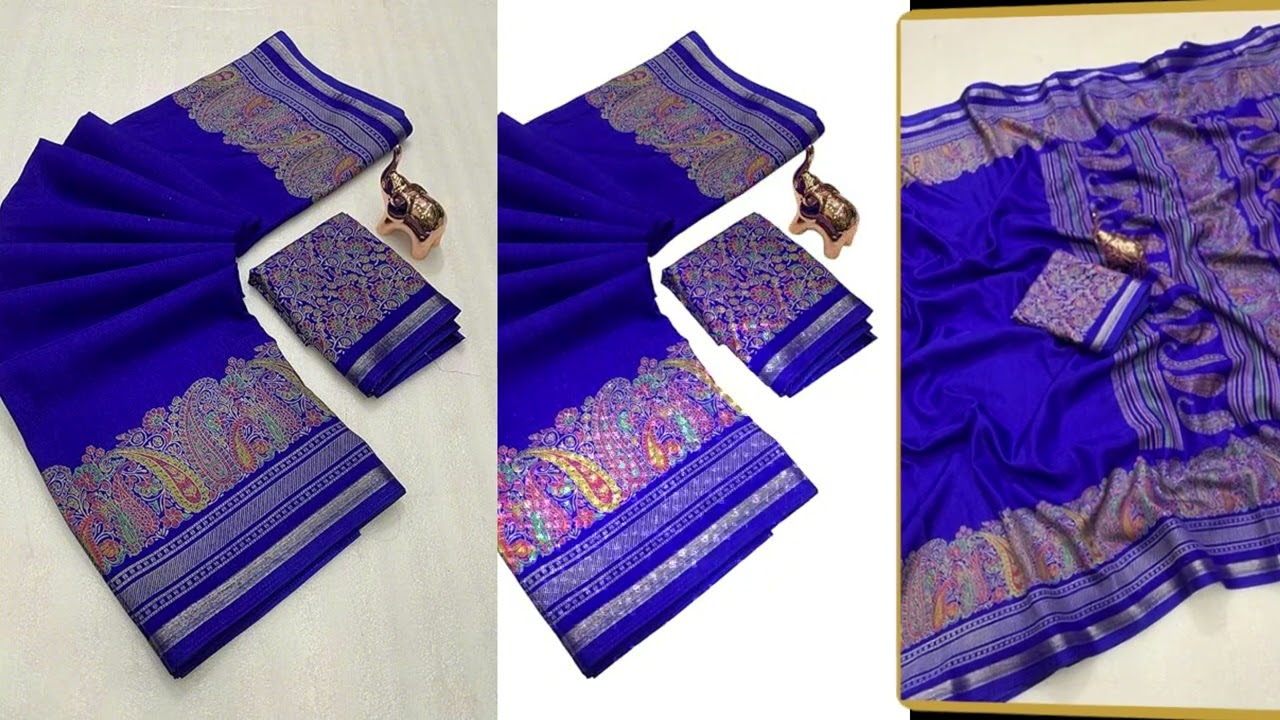 Dola Silk Saree Kashmiri Flower Print Zari Weaving Rich Border Designer Pallu Attach Blouse Piece