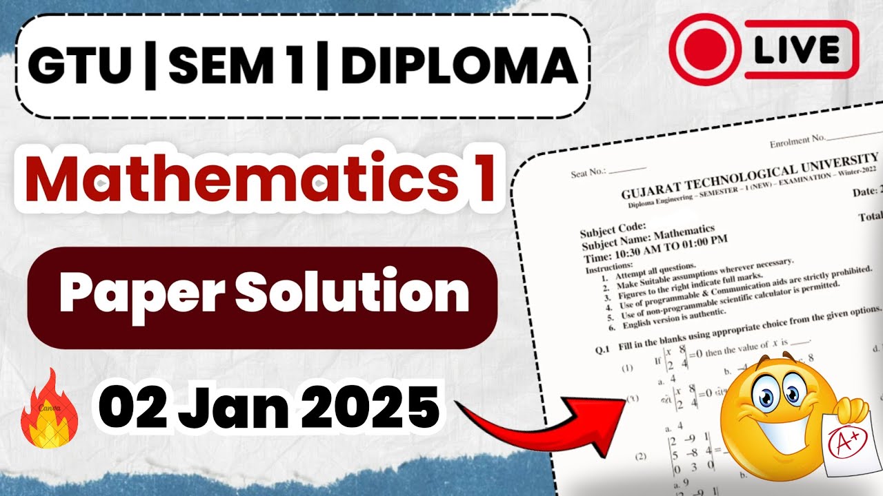 GTU Diploma Sem 1 Paper Solution 2025 | Mathematics 1 | 02/01/2025 | Winter 2024 | Live Solution