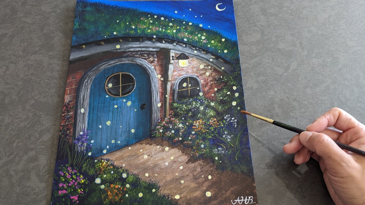 Fireflies painting / Moon night cottage / how to paint fairy lights / acrylic painting tutorial #34