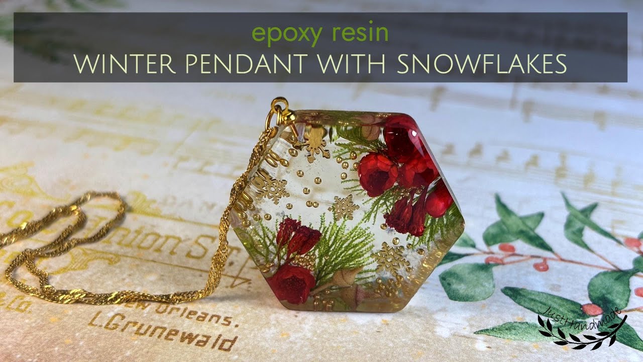 JustHandmade - Epoxy resin winter golden pendant with snowflakes - tutorial / Jewelry design / DIY