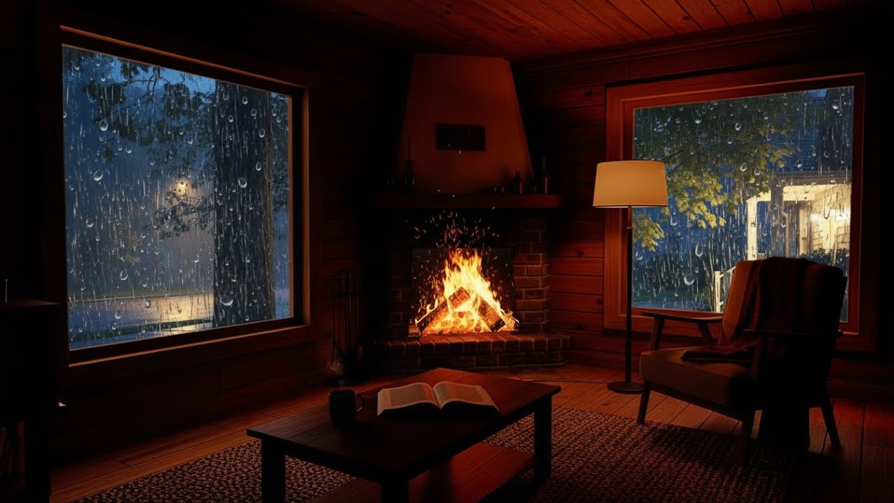 Relaxing Rain & Crackling Fireplace 🔥 Cozy Cabin Ambience to Fall Asleep Fast – Nighttime Retreat