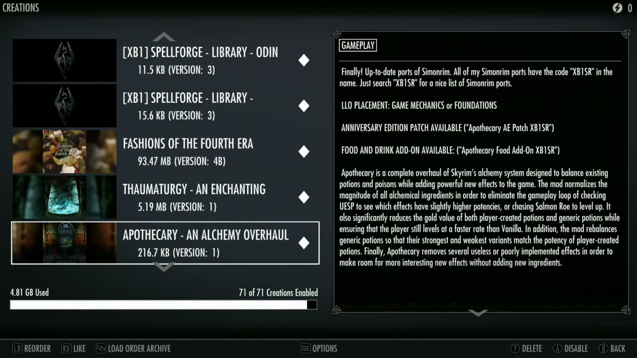 Skyrim AE: Xbox Load order(2024)