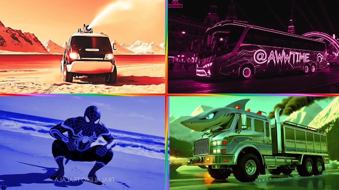 RED MONSTER TRUCK 🆚 NEON NIGHT BUS 🆚 BLUE SPIDER 🆚 GREEN SHARK TRUCK CRAZY BRAINROT | Tiles Hop EDM