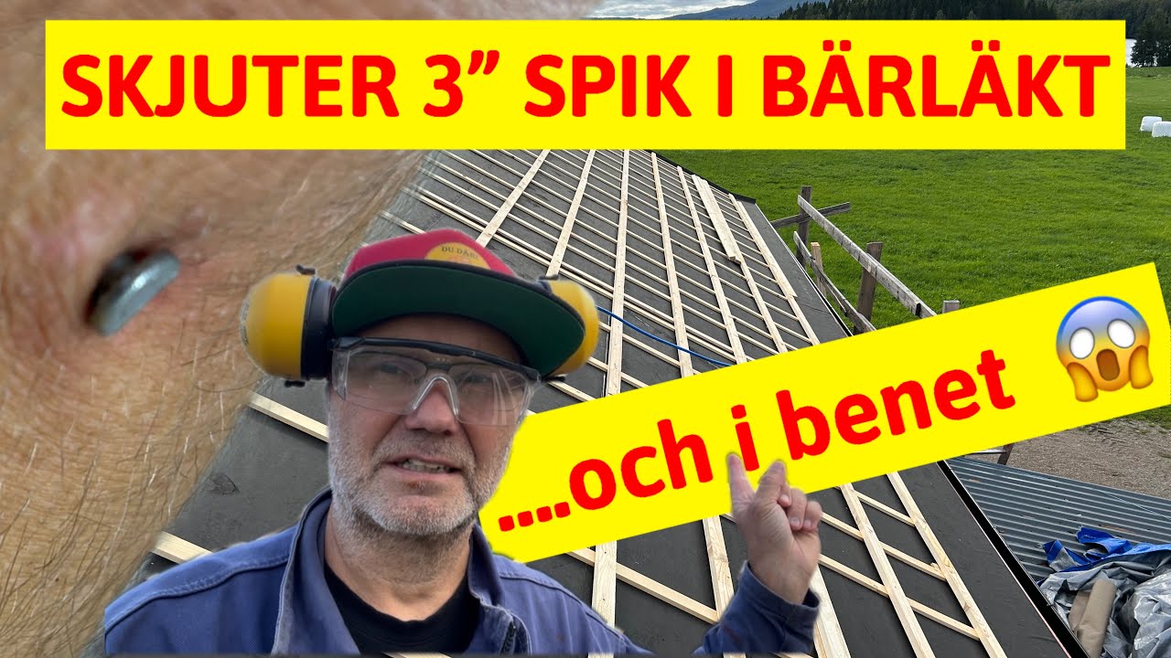 Spikar bärläkt med spikpistol och råkar ut för olycka. Sätter en 3” spik rakt igenom skenbenet 