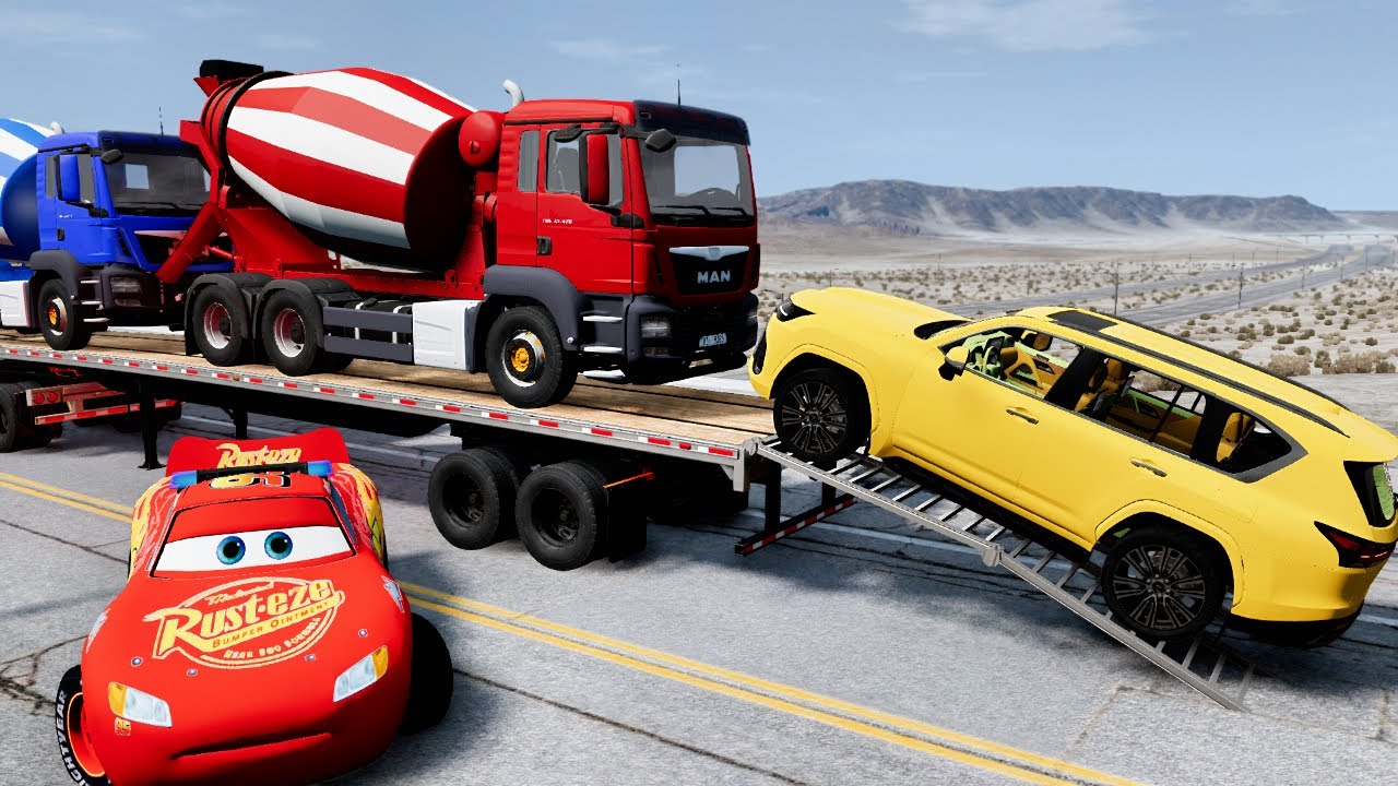 Flatbed Truck Mcqueen  Transportation with Truck   Pothole vs Car #00010  BeamNG Drive